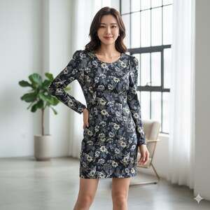 NAMU Korean Floral Long Sleeve‎ Mini Dress Bodycon Puff Shoulder Blue Grey S